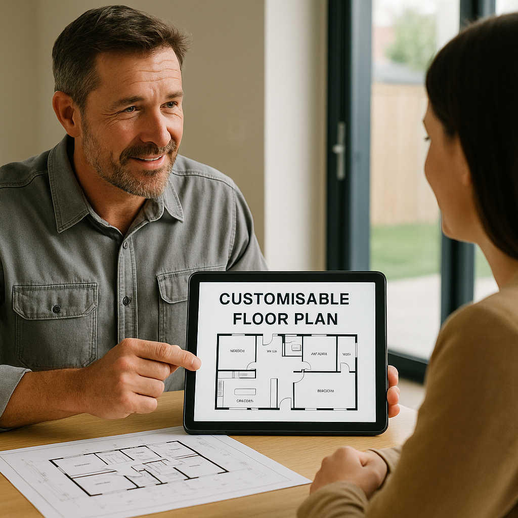 Architect presenting a customisable house floor plan on a tablet to a client, symbolising tailored home design options for first home buyers in South Australia.