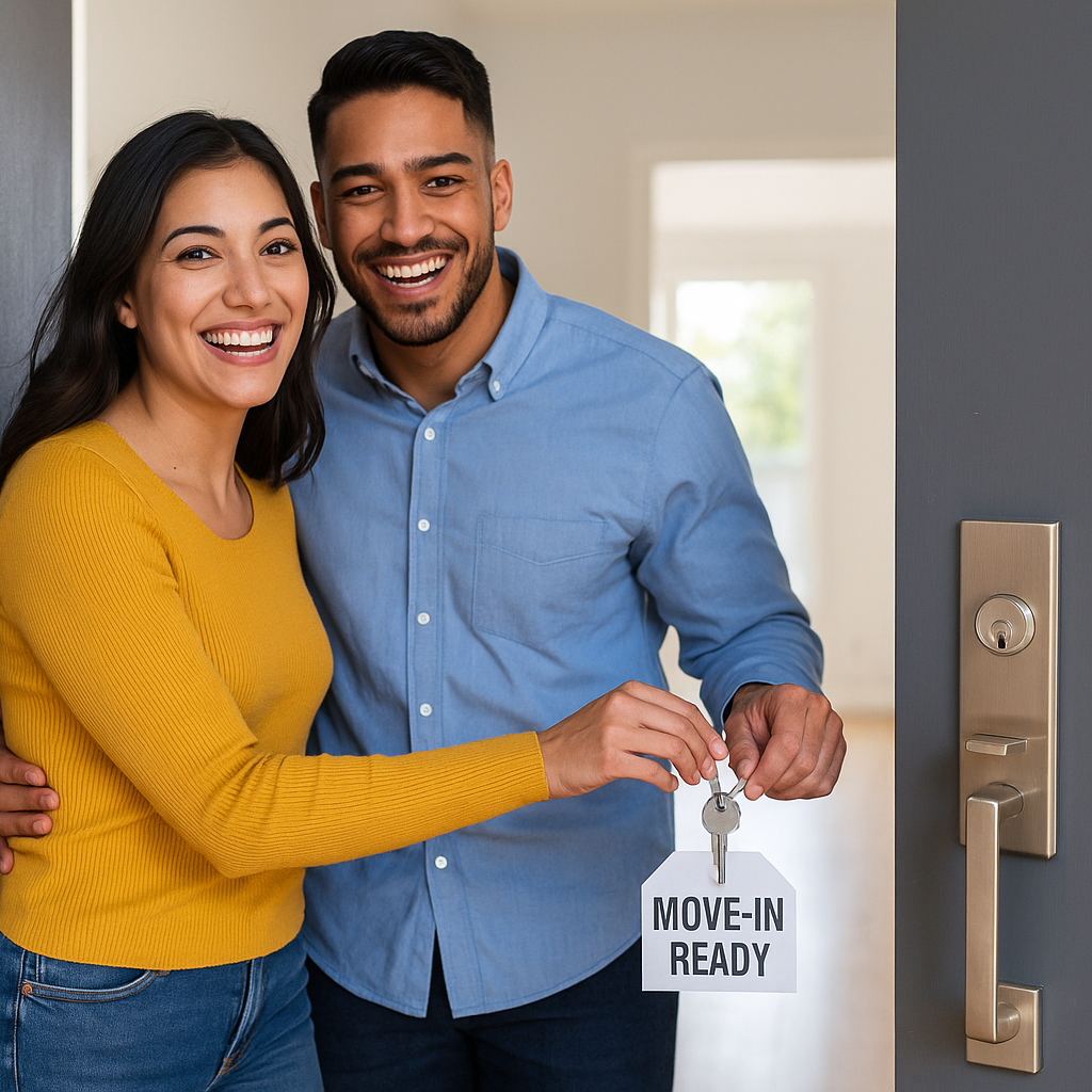 Smiling couple opening the door to their new home holding a “Move-In Ready” key tag, representing turnkey house and land packages for first home buyers in South Australia.