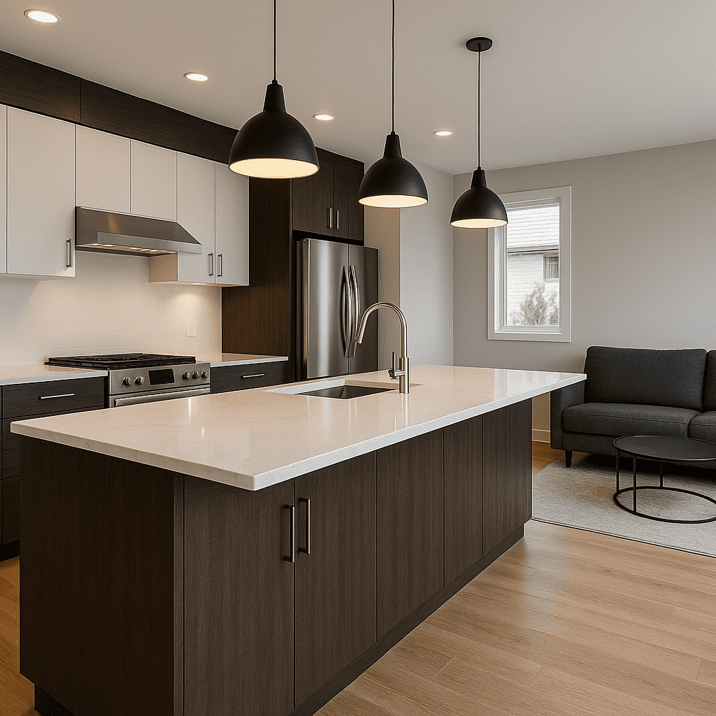 Two-tone kitchen with stainless steel appliances and stone benchtop in a modern first home design, ideal for first home buyers in South Australia.