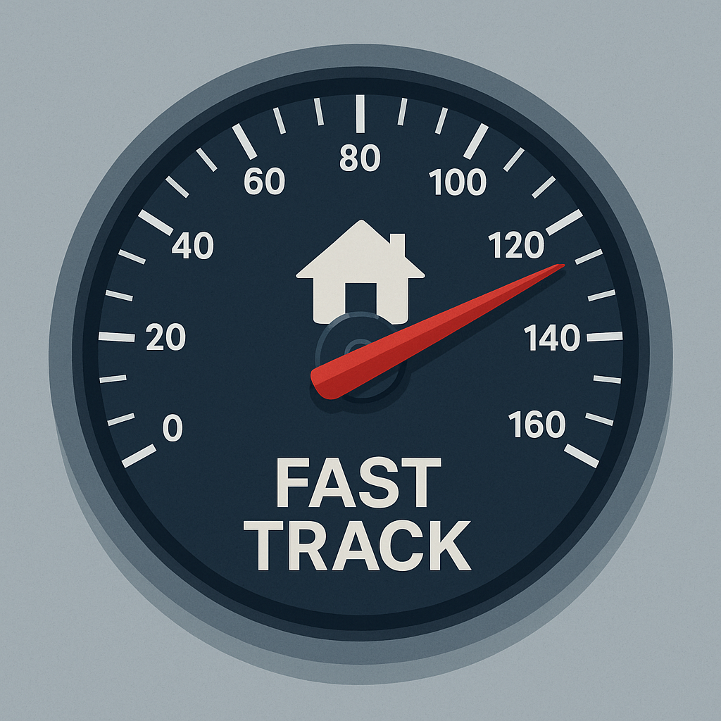 Speedometer with house icon and “FAST TRACK” label, representing quick and affordable homeownership solutions for first home buyers in South Australia.