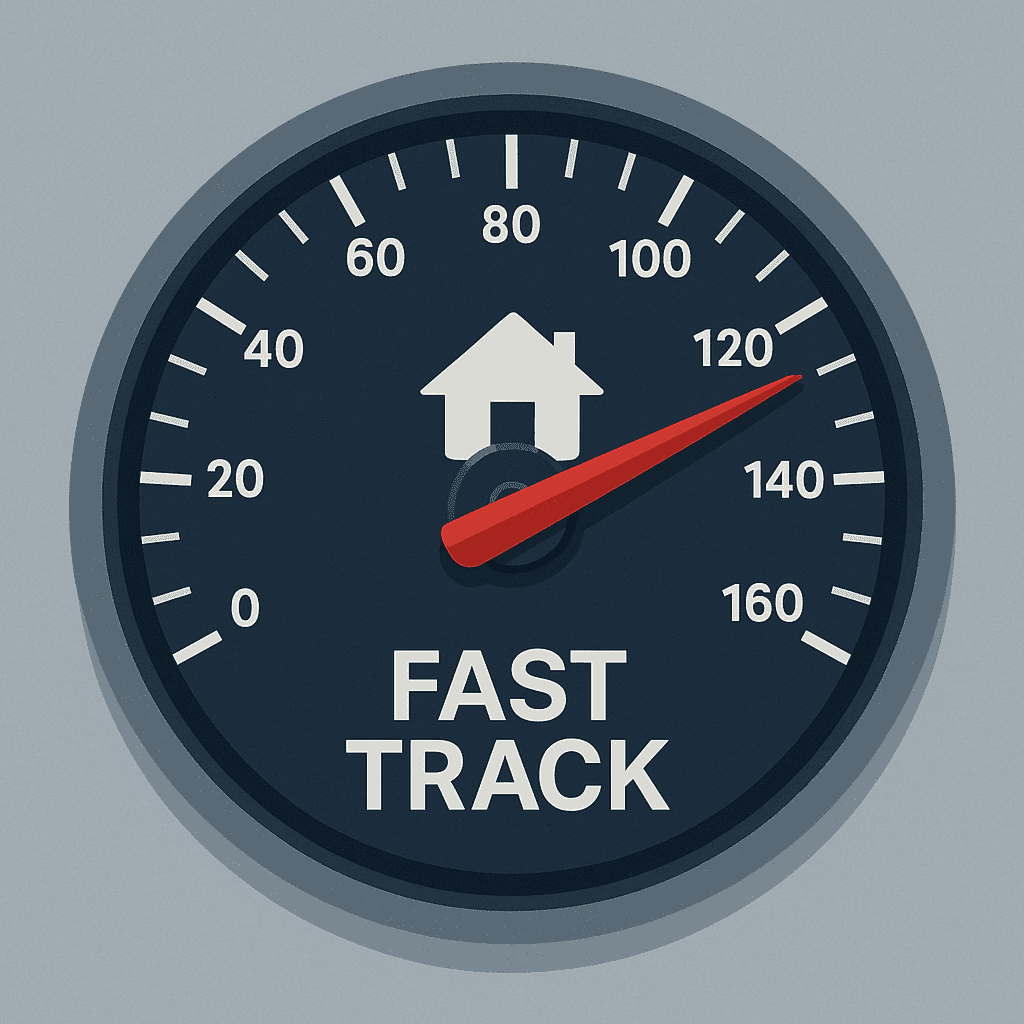 Speedometer with house icon and “FAST TRACK” label, representing quick and affordable homeownership solutions for first home buyers in South Australia.
