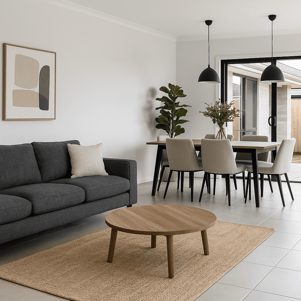 Spacious open-plan living and dining area in a modern home, showcasing large layout and natural lighting for first home buyers in South Australia.