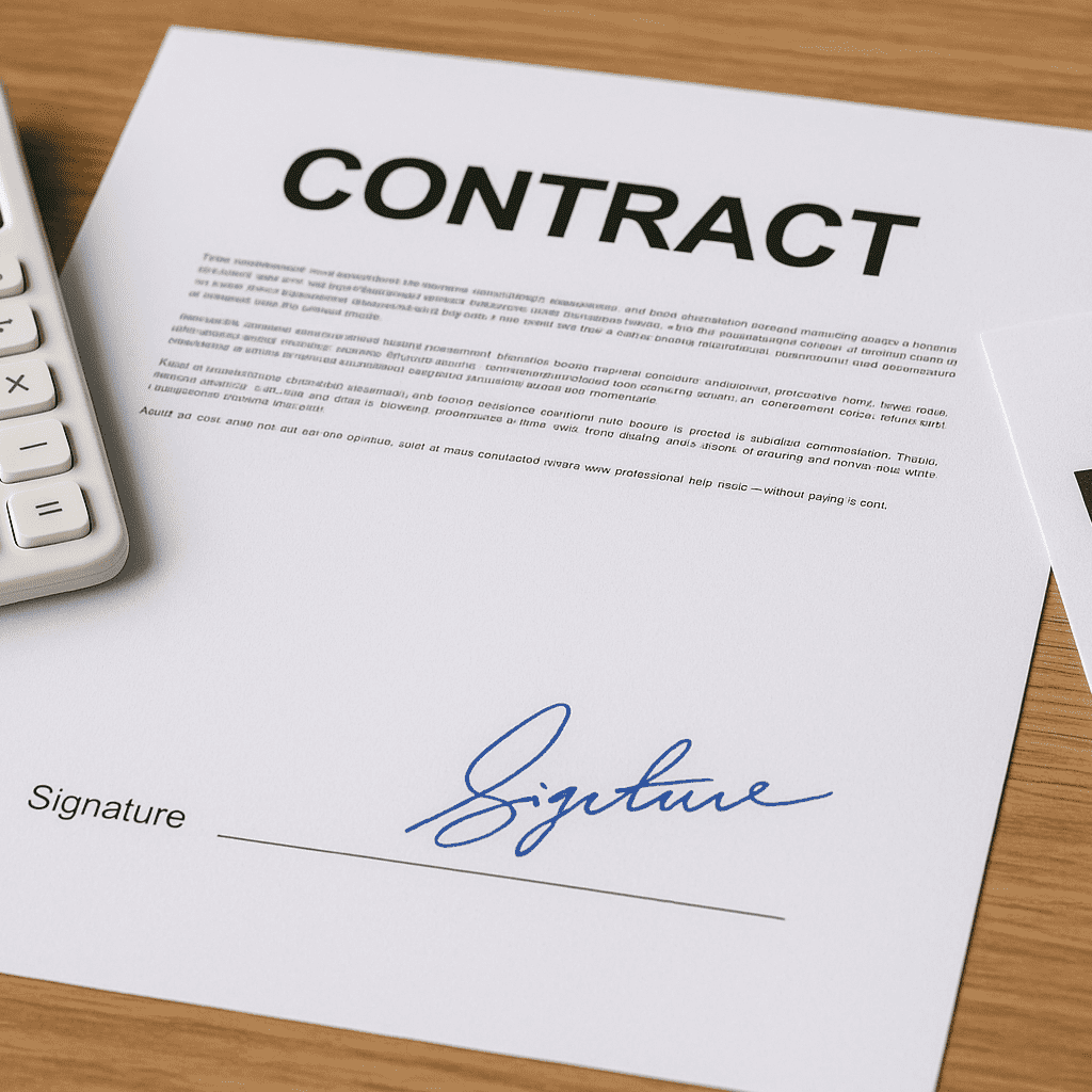 Signed home construction contract with calculator and house plan, representing fixed-price home packages for first home buyers in South Australia.